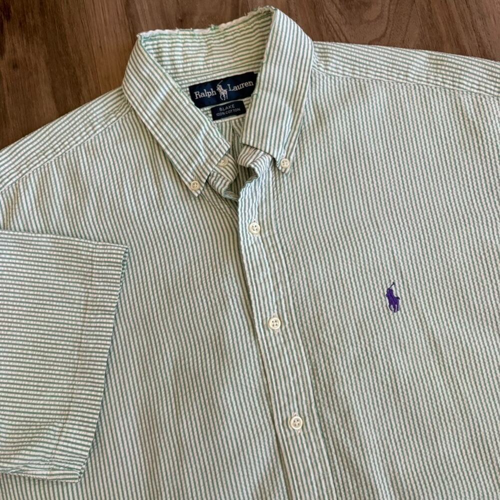 Vintage Polo Ralph Lauren Seersucker Shirt Men's Size L Green Button Pony Worn